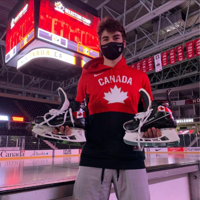 Chicago Blackhawks Kirby Dach Promoting Team Canada Bauer Skates